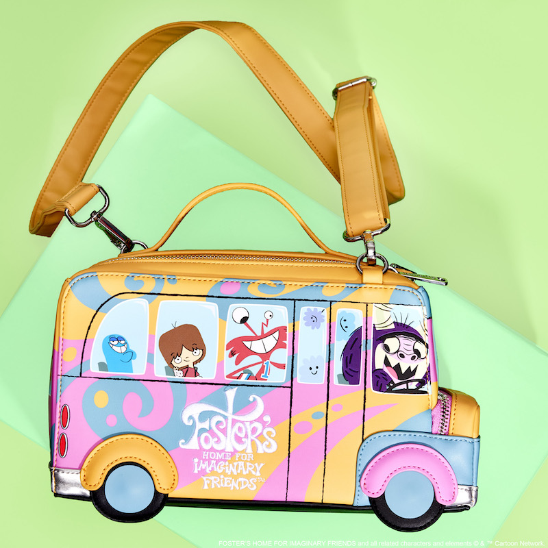 Orange, pink, and blue figural Foster's Home for Imaginary Friends Bus Crossbody laying against a green background